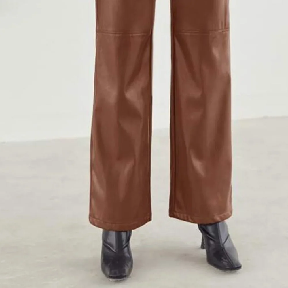 brown faux leather wide legged pants - Picture 7 of 8